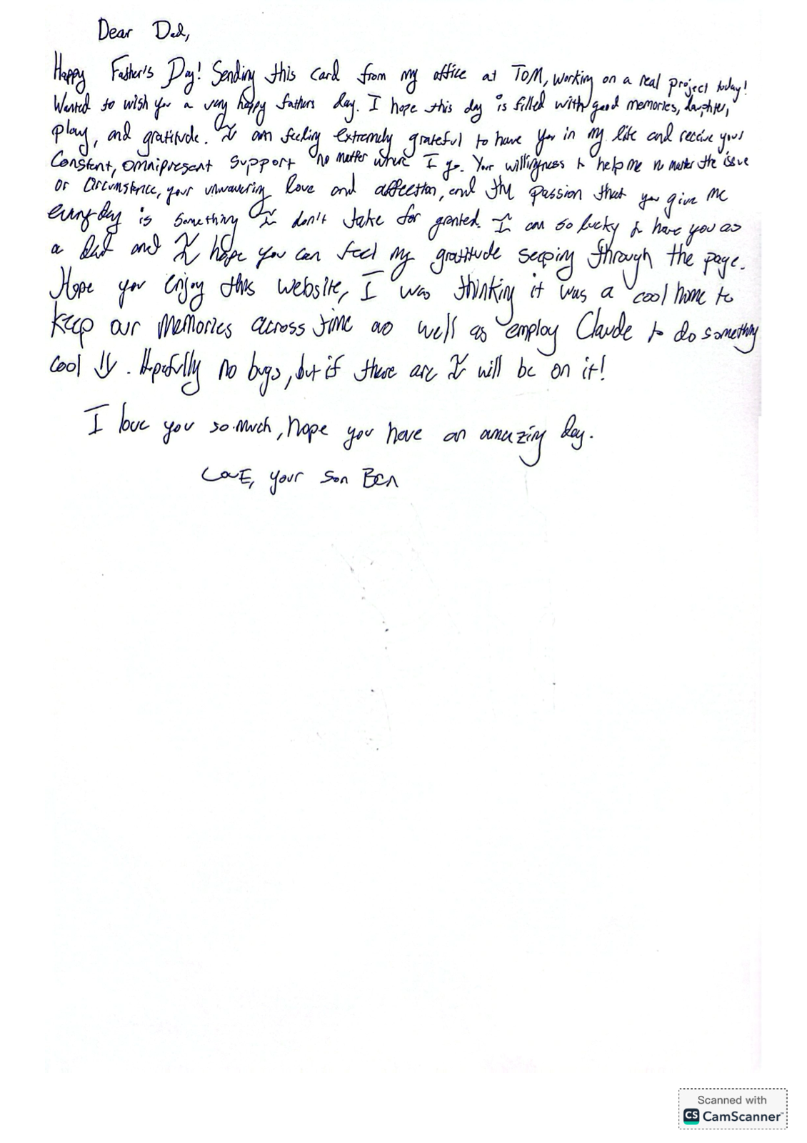 Handwritten Father's Day note from Ben to Dad